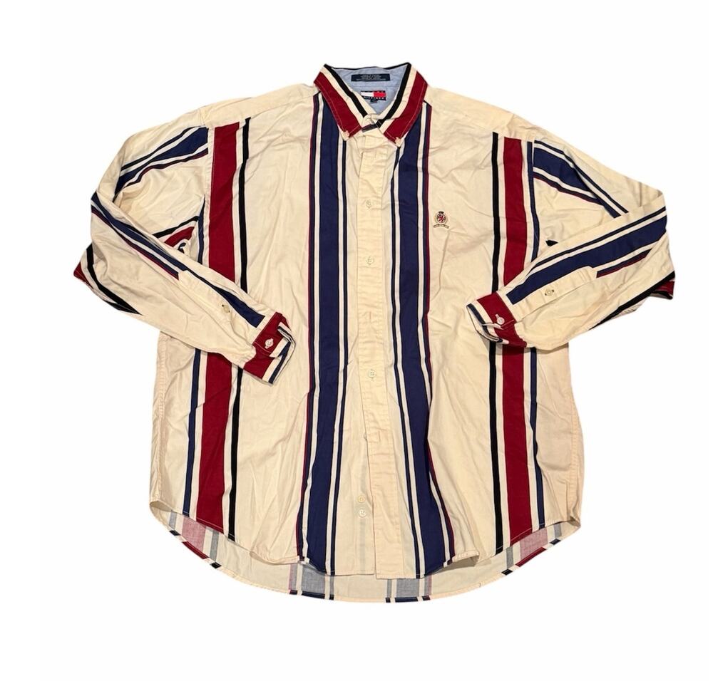 Vintage 90s Tommy Hilfiger Mens L Cotton Button Down Shirt Crest Logo Retro